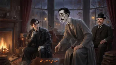 A pale young man in a wet coat sits by a fire opposite a tall thin man, small seeds on the table, rain on the windows.