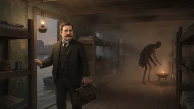 A moustached man with a doctor's bag stands in the doorway of a long dim room lined with wooden bunks.