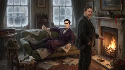A shabby black hat hangs on a chair with a lens beside it while a tall thin man in a purple dressing gown gestures toward it.