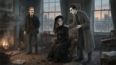 A pale young woman in black sits shivering by a fire while a tall thin man in a grey dressing gown leans toward her.
