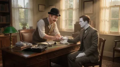A pale young man in a tweed suit holds out a bandaged hand while a moustached doctor examines it.