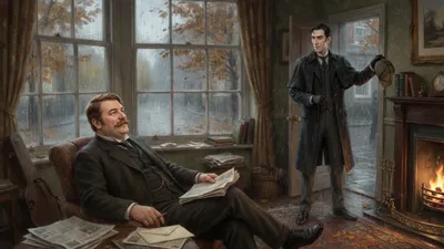 A moustached man lounges among newspapers beside a table holding a large crested envelope as a tall thin man enters.