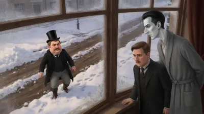 A stout well-dressed man runs along a snowy street below a bow window where two men watch.