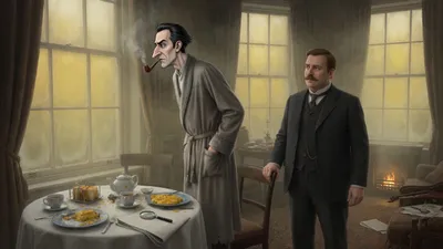 Two men sit either side of a fire in a foggy-windowed sitting room, one in a grey dressing gown gesturing with a long pipe.
