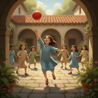 A group of children, including a girl with dark hair, play together in a bright courtyard.