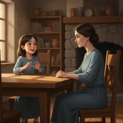 Lily, a young girl, animatedly tells her mother about something she saw.