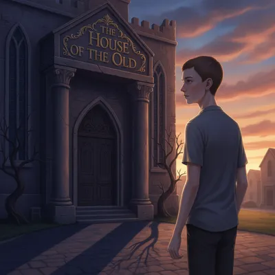 Jonas walks towards a large building called 'The House of the Old' at dusk.