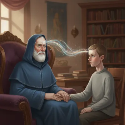 The Giver, an old man, transmits a memory to Jonas, who sits opposite him.