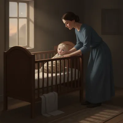 Mother gently places a swaddled infant, Gabriel, into a crib in a softly lit room.