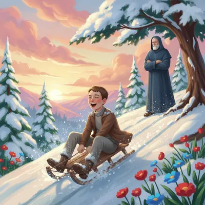 Jonas joyfully sleds down a snowy hill, experiencing a vivid memory.