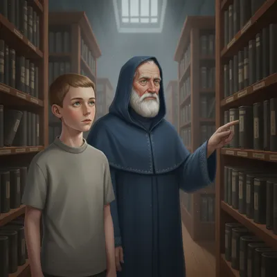 Jonas stands in the Hall of Records, surrounded by recordings, with The Giver beside him.