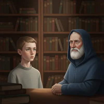 Jonas, a boy with pale skin and blue-green eyes, sits across from The Giver, an older man with white hair and pale blue eyes, in a room filled with books.