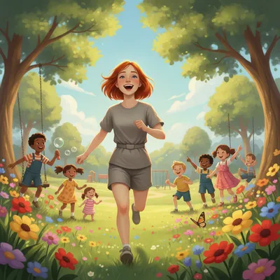 Fiona, a girl with bright red hair and blue eyes, laughs while playing with other children in a colorful park.