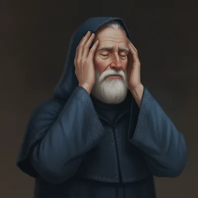 The Giver, an old man with a white beard, is shown in distress, holding his head with his eyes closed.