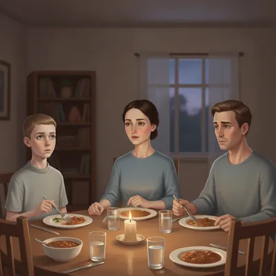 Jonas sits at a dinner table with his Mother and Father, looking troubled and distant from them.