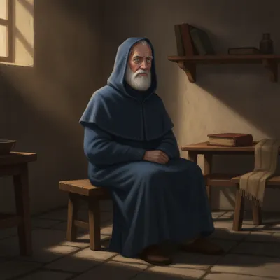 The Giver sits alone in his dwelling, his face etched with worry and deep thought.