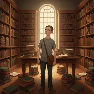 Jonas, a slender boy with blue-green eyes, stands in a room overflowing with books, looking up in wonder and a little fear.