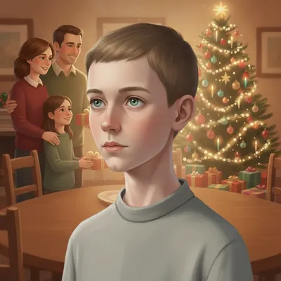 Jonas, a boy with pale skin and blue-green eyes, observes a heartwarming family celebration with a decorated tree and gift exchange.