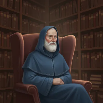 The Giver, an elder with white hair and pale blue eyes, sits in a room filled with books, appearing thoughtful and serene.