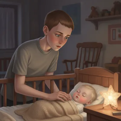 Jonas, a boy with pale skin and blue-green eyes, gently touches the hand of Gabriel, a sleeping infant with pale blue eyes.