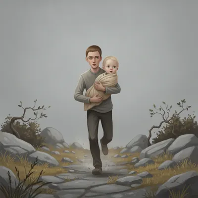 Jonas, a boy with pale skin and blue-green eyes, runs through a bleak landscape carrying the infant Gabriel.