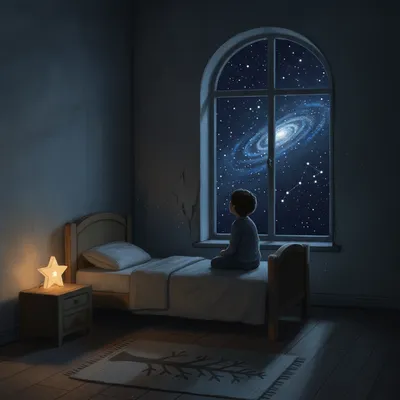 A dimly lit, sparsely furnished child's bedroom at night. A dark, starry sky is visible through the window. The scene conveys a sense of quiet anticipation.