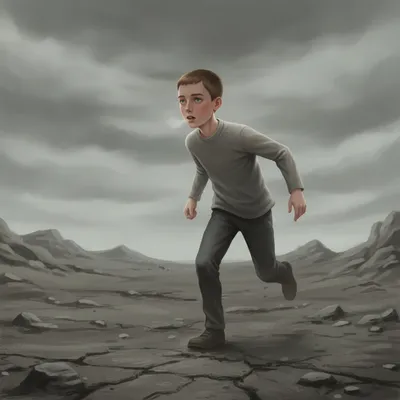 Jonas, a slender boy with distinctive blue-green eyes, runs desperately through a barren, grey landscape under an overcast sky. His face shows urgency and exertion.