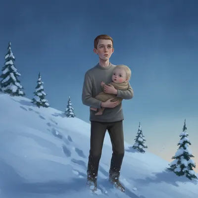 Jonas, a slender boy with blue-green eyes, carries the infant Gabriel up a steep, snow-covered hill under a twilight sky. His steps are slow and weary.