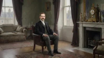 A well-dressed Victorian gentleman sits bolt upright in an armchair facing an elaborate multi-dial clock on a mantelpiece in a tidy drawing room.