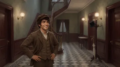 A cheerful servant stands alone in a tidy Victorian hallway lit by gaslight, looking around him.