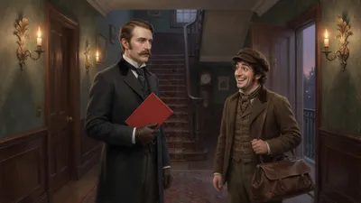 A servant throws up his hands in shock while his master speaks calmly beside a small travelling bag.