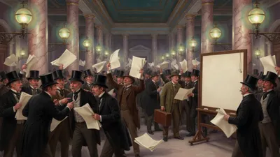Victorian men in top hats crowd around a newspaper stand, arguing over blank broadsheets in a foggy street.