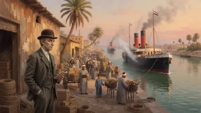 A consul and a small frowning man in a bowler hat walk along a busy Egyptian quay with minarets behind them.