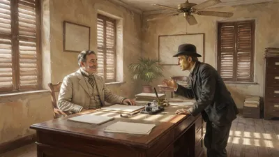 A frowning man in a bowler hat argues across a desk with a seated consul in a shuttered office.