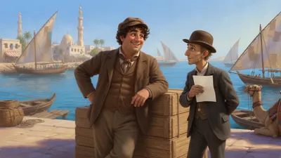 A cheerful servant chats beside crates on a sunlit quay with a watchful man in a bowler hat.