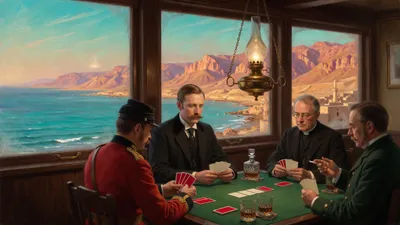 Four men play cards under a swinging lamp in a ship's saloon while dramatic coastline passes the stern windows behind them.