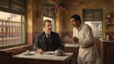 A calm gentleman questions an anxious landlord over a covered dish in an Indian railway restaurant.