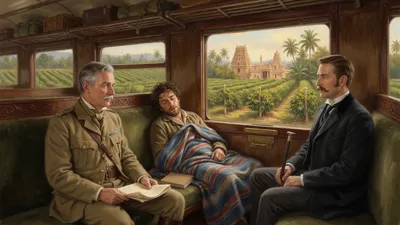 Two gentlemen sit opposite each other in an Indian train carriage while a servant sleeps between them and plantations pass the window.