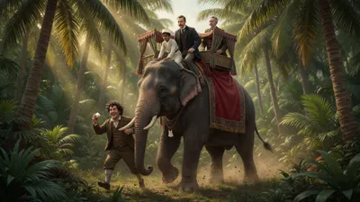 An elephant trots through sunlit palm forest carrying two jolted gentlemen in howdahs and a laughing servant on its back.