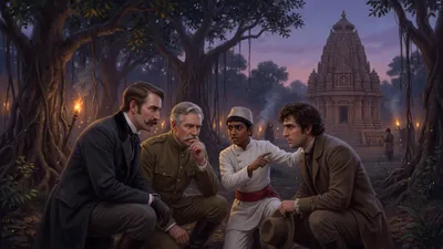 Four figures crouch in whispered conference among trees at dusk with torchlight and a pagoda visible beyond.