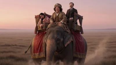 An elephant strides across open country at dawn carrying a laughing servant in torn robes, a composed gentleman, and a sleeping young woman.