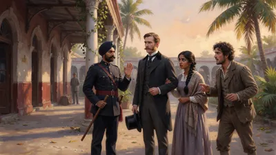 A policeman stops a composed gentleman, an alarmed young woman and an indignant servant outside an Indian railway station.