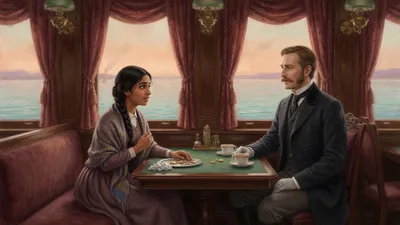 A young woman speaks gratefully to an impassive gentleman in a sunlit ship's saloon.