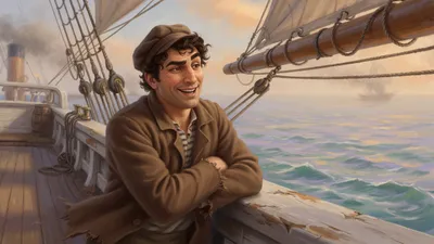 A grinning servant leans on a ship's rail with folded arms, pleased with himself.
