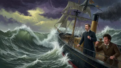 A composed gentleman grips a rail in a storm at sea while beside him a servant shakes his fist at the sky.