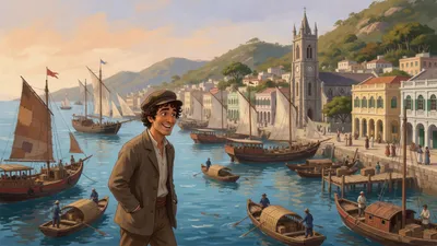 A cheerful servant strolls along a Hong Kong waterfront crowded with junks beneath a colonial town and green hills.
