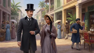 A gentleman and a young woman walk along a colonial shopping street followed by a shopkeeper carrying parcels.