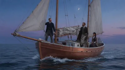 A small sailing boat runs over a twilight sea carrying a steady gentleman and a young woman seated at the stern.