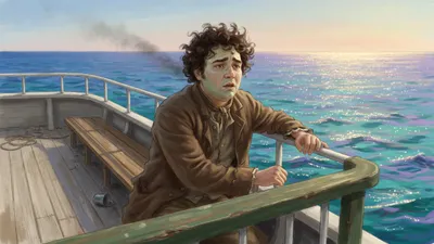A dazed servant sits collapsed on a bench at a ship's rail, breathing in the sea air.