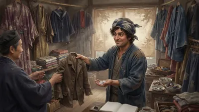 A servant in an old Japanese coat and lopsided turban trades his jacket to a shopkeeper, blank coins in his palm.